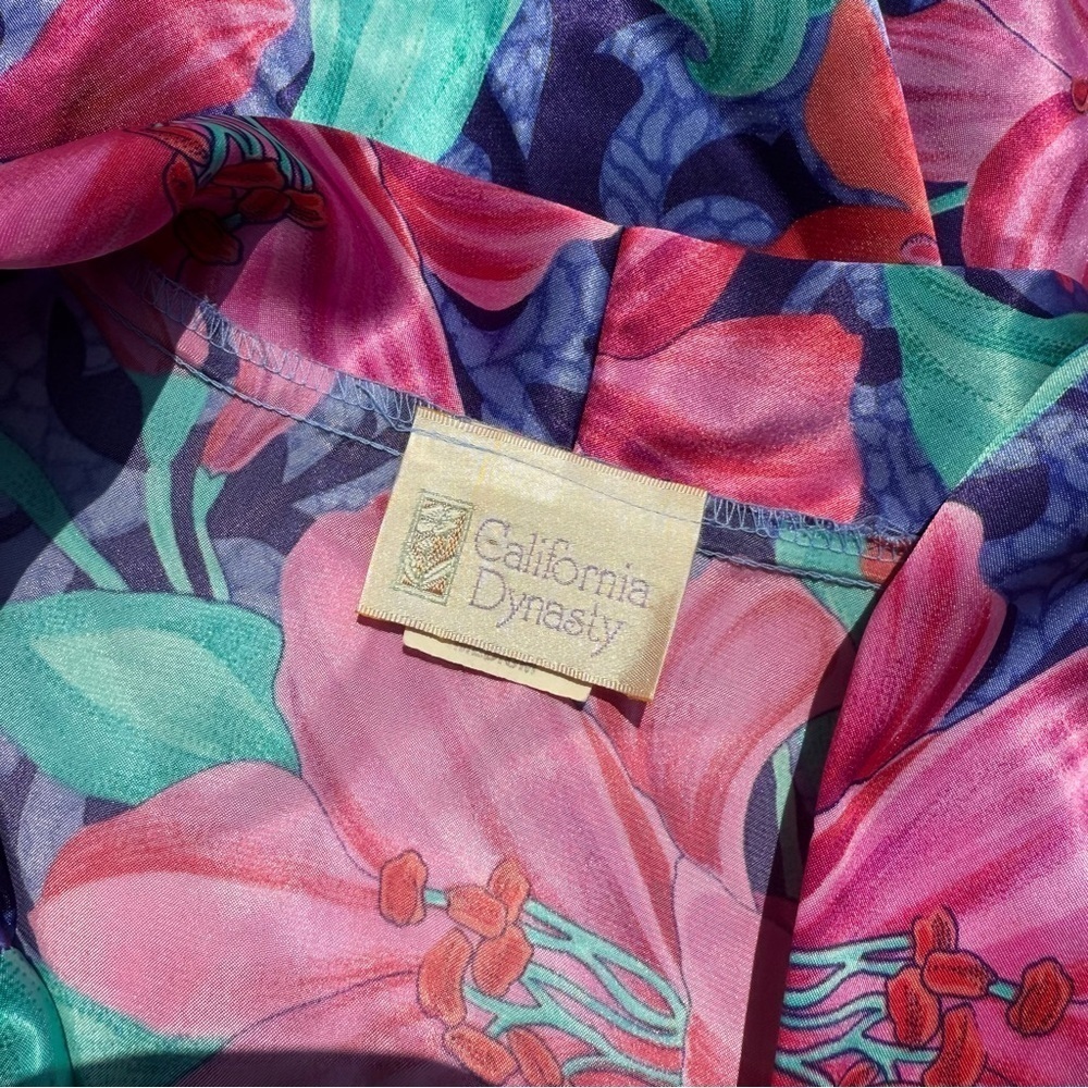Vintage Women's California Dynasty Polyester Kimono Robe Lily Flowers M No Belt - Picture 7 of 8